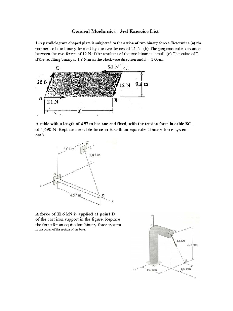 General Mechanics - Exercise List 3 | PDF | Force | Lever