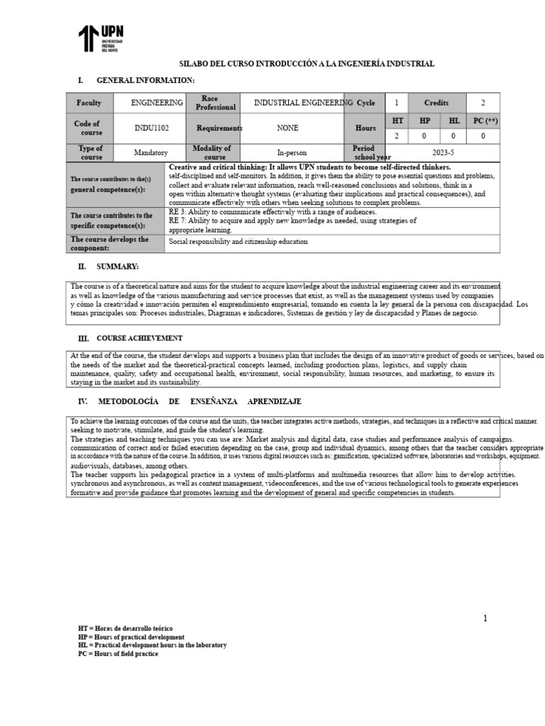 Industrial Engineering Course Syllabus | PDF | Learning | Engineering
