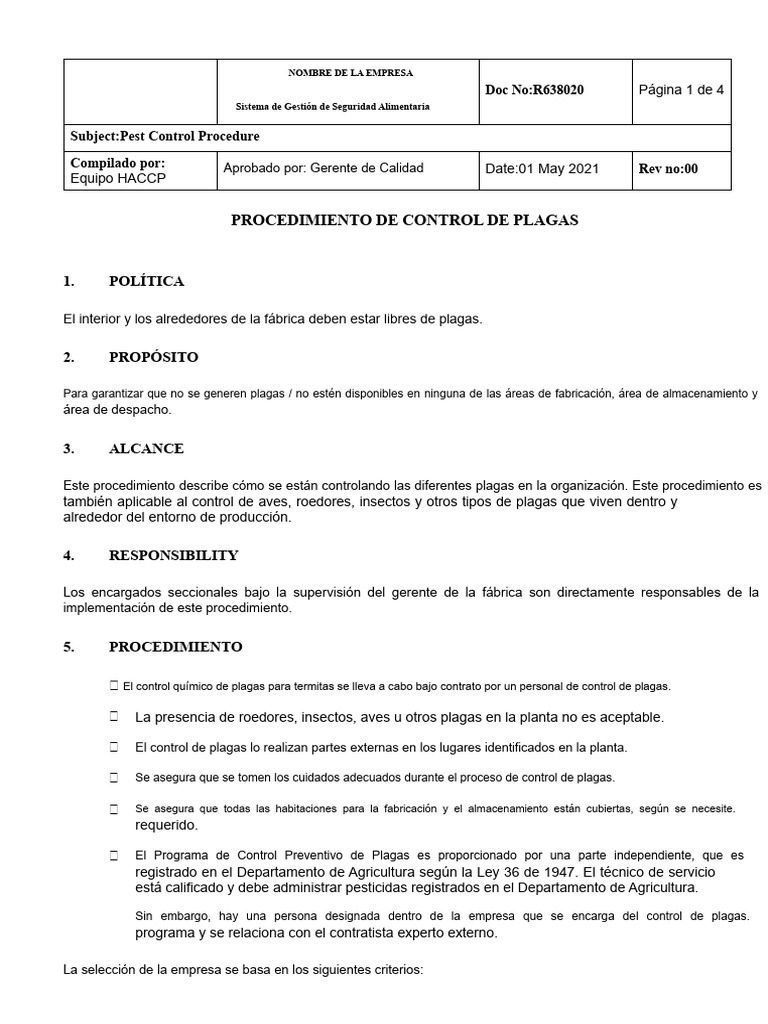 Procedimiento de Control de Plagas | PDF | Control de plagas