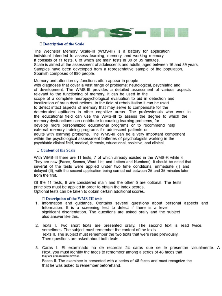 Wechsler Memory Scale-III Overview | PDF | Memory | Wechsler Adult ...
