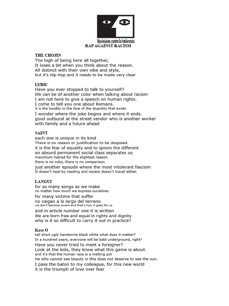 Rap Lyrics Against Racism | PDF | Racism | Discrimination & Race Relations