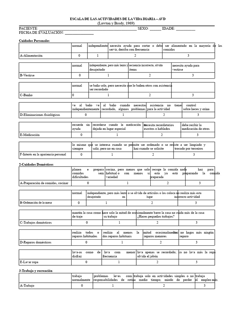 Evaluación de Actividades de la Vida Diaria | PDF | Transferencia ...