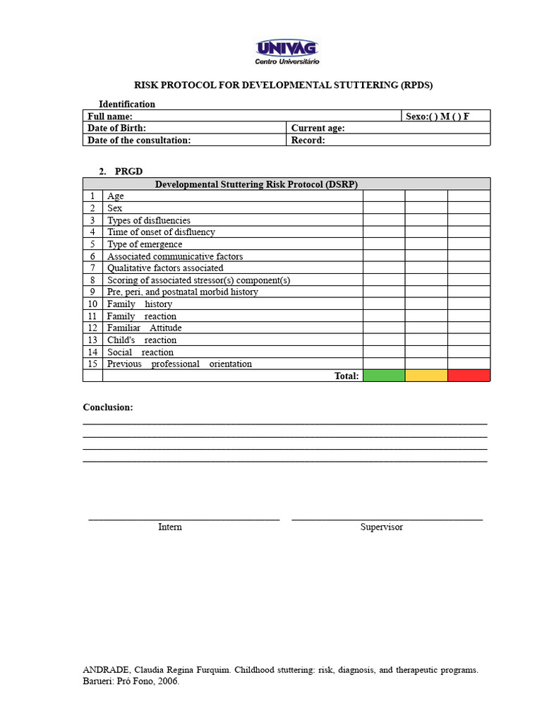 Risk Protocol For Developmental Stuttering | PDF