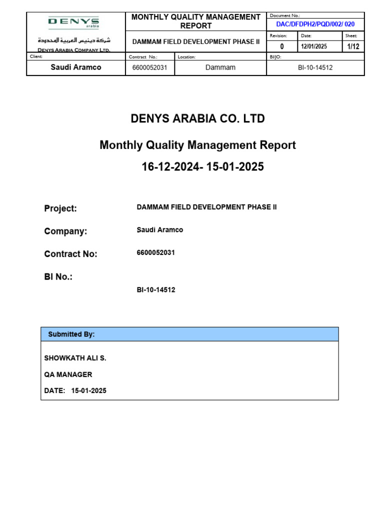 Monthly Quality Management Report: Dammam | PDF | Mechanical Engineering