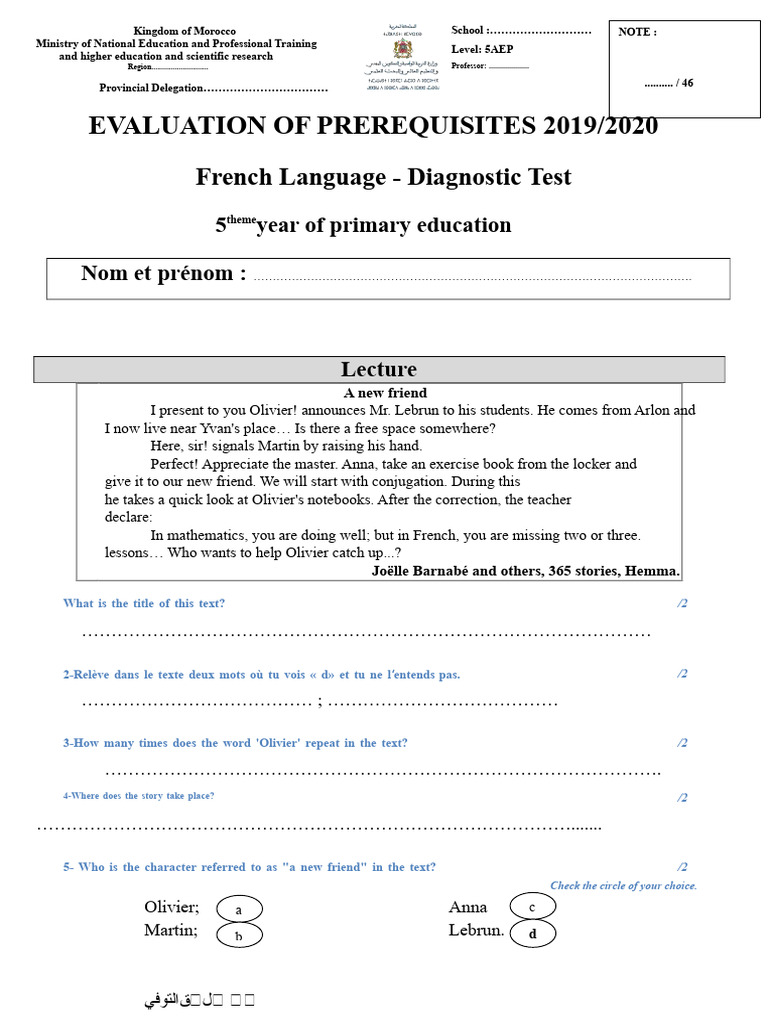 French Diagnostic Test for 5AEP Students | PDF | Phrase | Grammatical ...