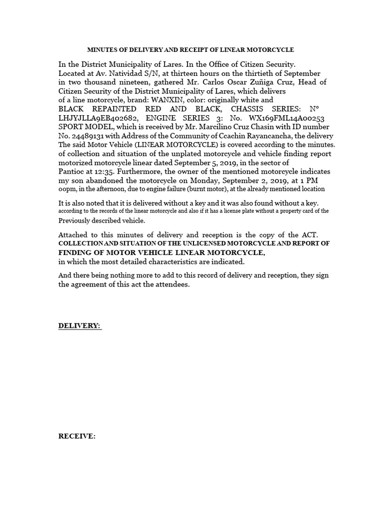 Delivery and Receipt Minutes of Linear Motor | PDF