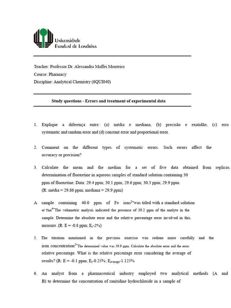 Experimental Data Error Analysis in Chemistry | PDF | Coefficient Of ...