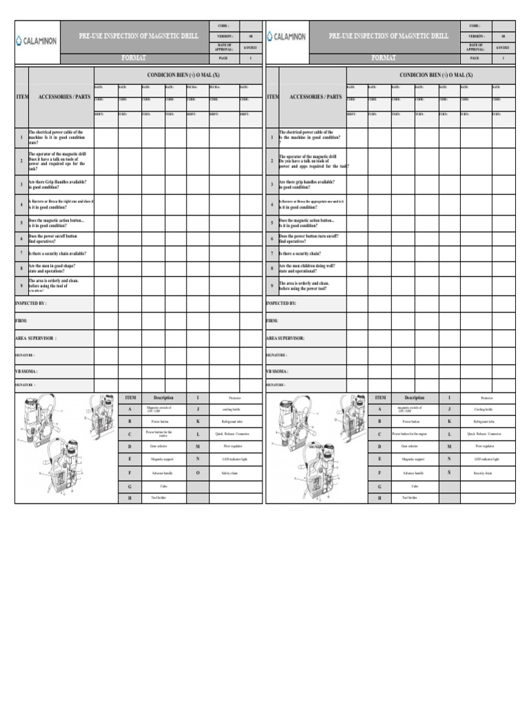 Magnetic Drill Pre-Use Inspection Checklist | PDF | Equipment ...