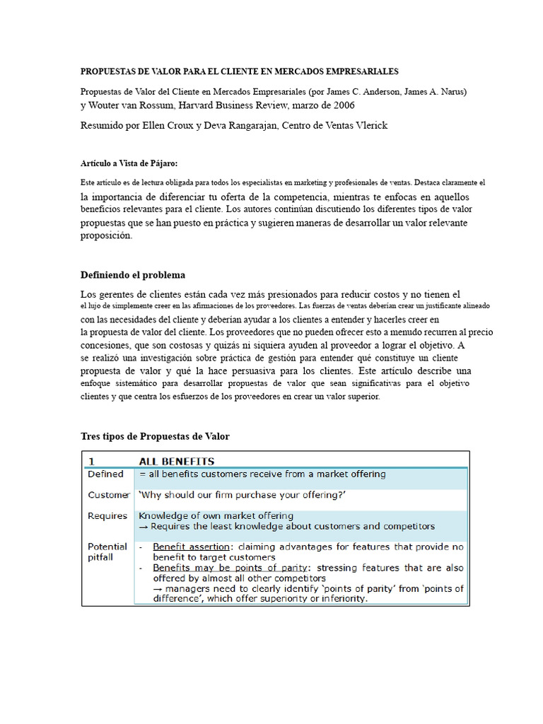 PROPUESTAS DE VALOR DEL CLIENTE EN MERCADOS EMPRESARIALES.pdf | PDF ...