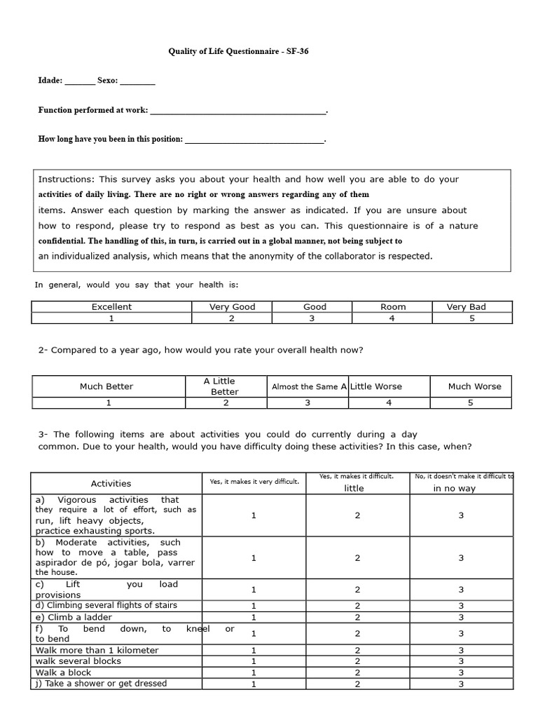 SF-36 Quality of Life Questionnaire | PDF | Questionnaire | Quality Of Life