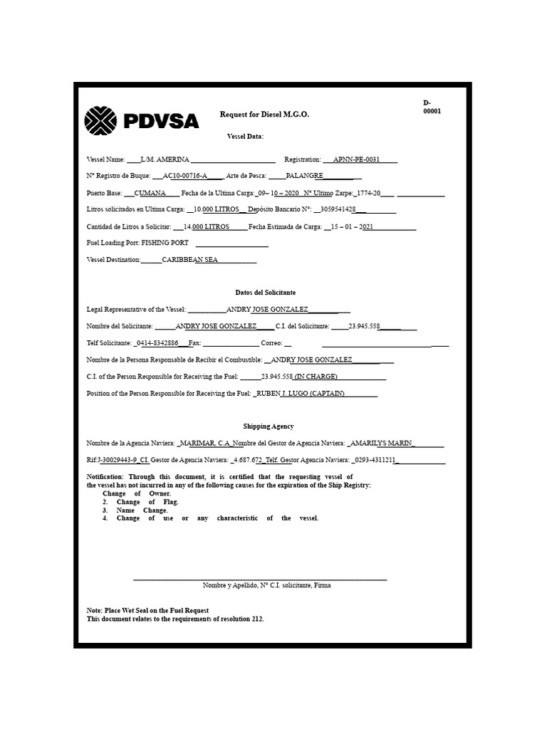 Diesel Fuel Request for Vessel AMERINA | PDF