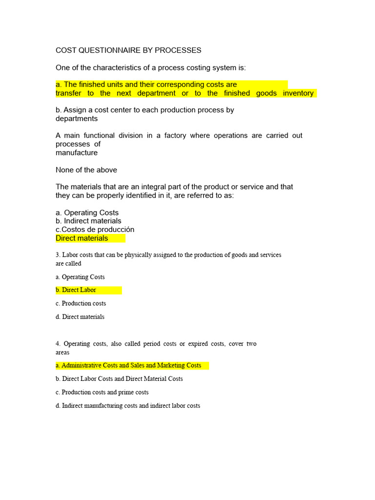 Process Cost Questionnaire | PDF | Inventory | Economies