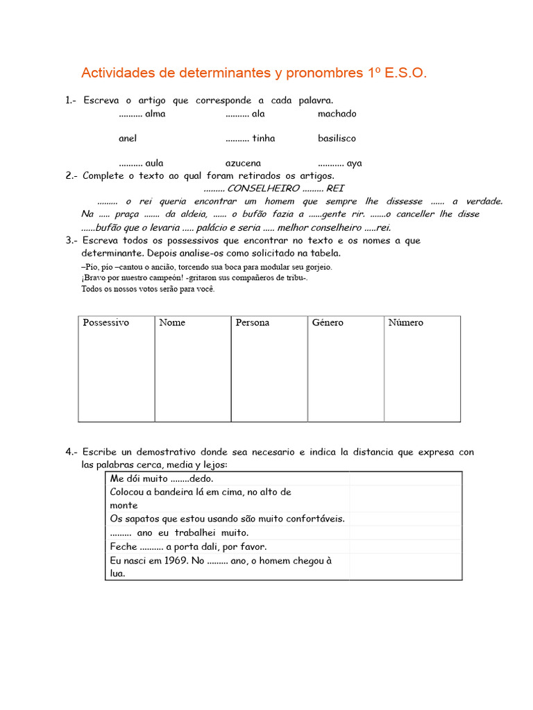 Atividades de Determinantes e Pronomes 1º E.S.O. | PDF | Pronome