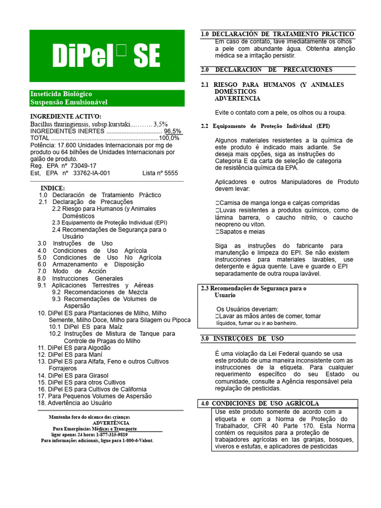 Instruções e Precauções do DiPel SE | PDF | Agricultura | Inseticida