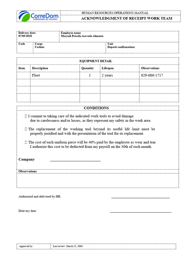 HR Operations Manual Acknowledgment Form | PDF