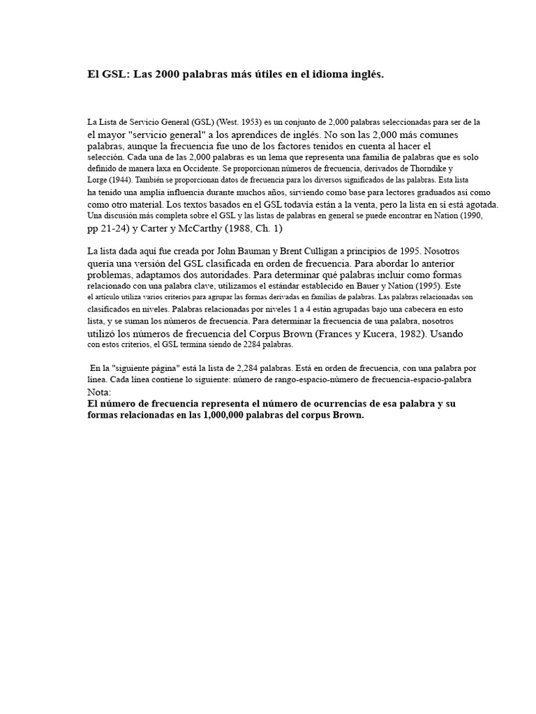 El GSL Las 2000 Palabras Más Comúnmente Usadas en El Idioma Inglés | PDF