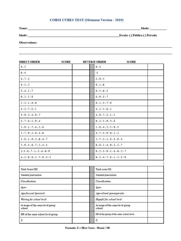 Corsi Cubes Test 2019 Results | PDF