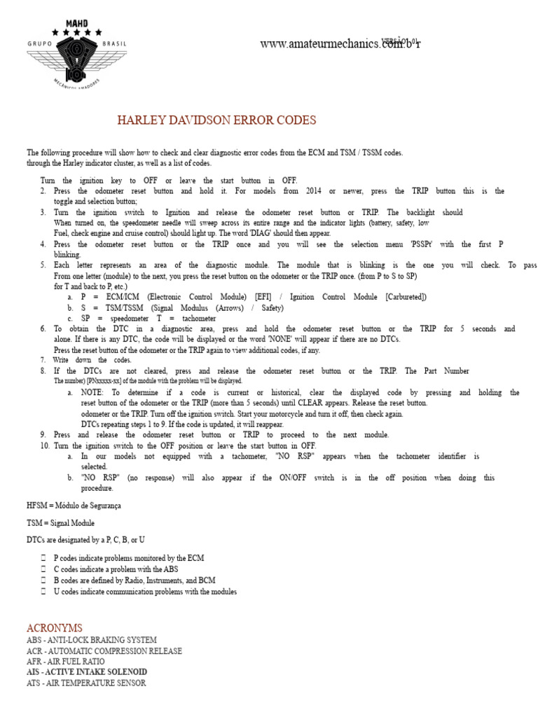 HARLEY DAVIDSON ERROR CODES.DOCX.docx | PDF | Anti Lock Braking System ...