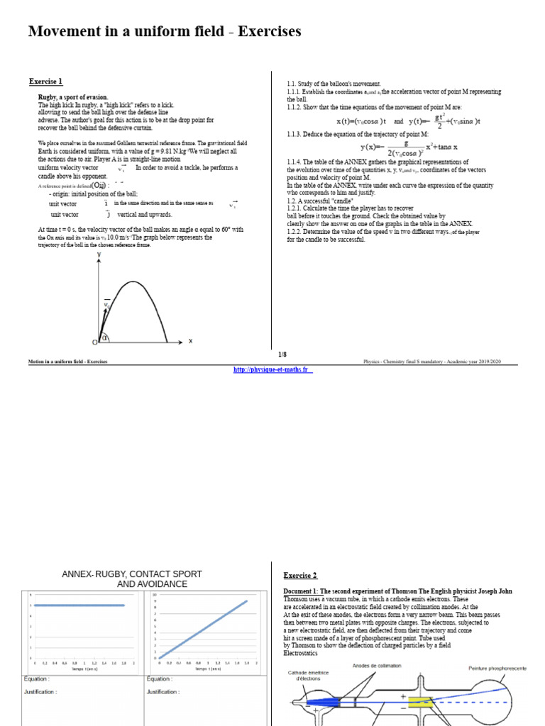 Uniform Field Motion Exercises | PDF | Electron | Force