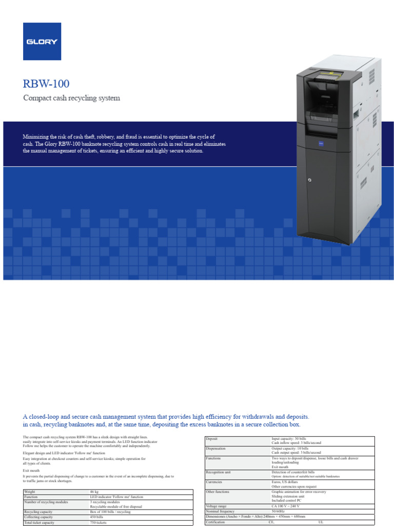 RBW-100 Compact Cash Recycling System | PDF | Cash | Banknote