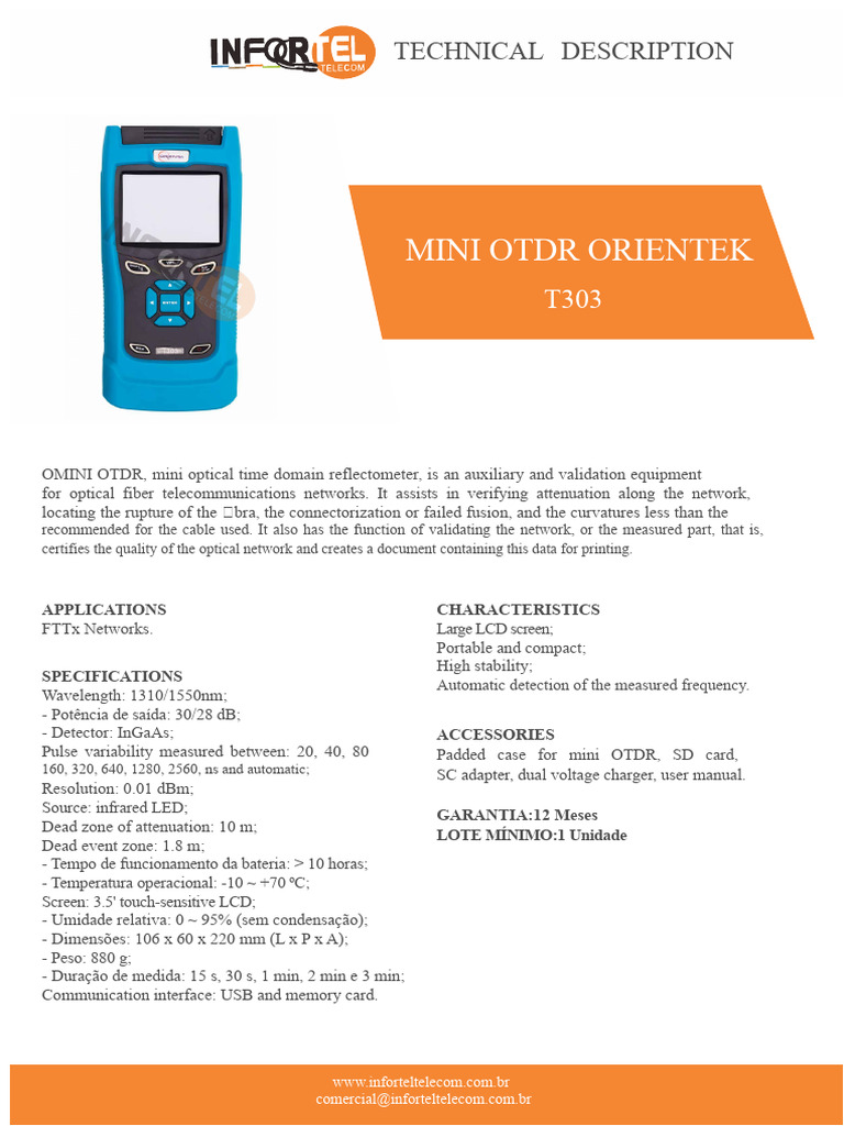 Datasheet Mini Otdr Orientek t303 Infortel | PDF