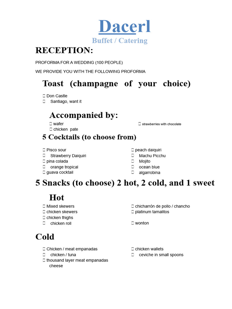 Wedding Catering Proforma for 100 Guests | PDF | Foods | Western Cuisine
