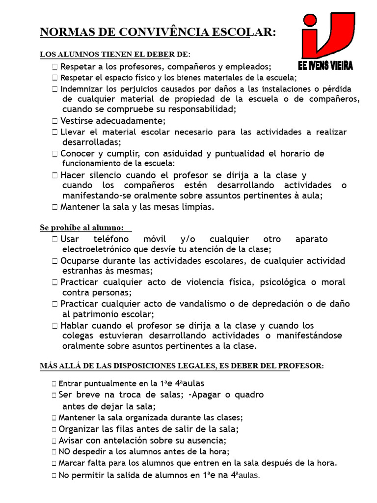 Normas de Convivencia Escolar | PDF