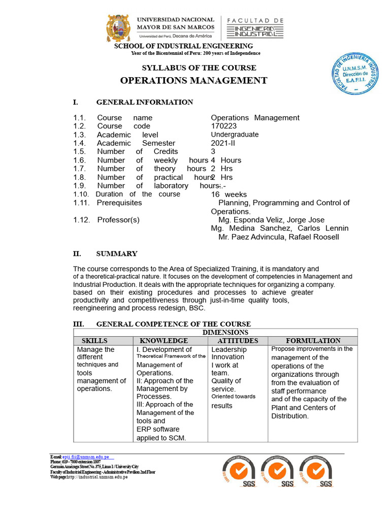 Syllabus Operations Management 2021-II Industrial | PDF | Engineering ...