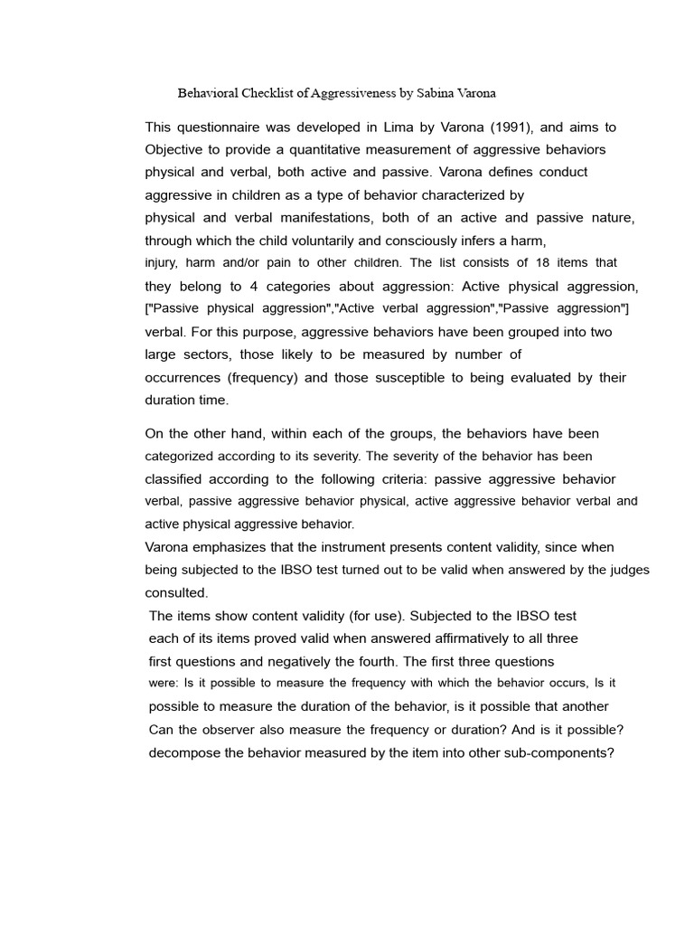 Aggressiveness Behavioral Checklist | PDF | Validity (Statistics ...