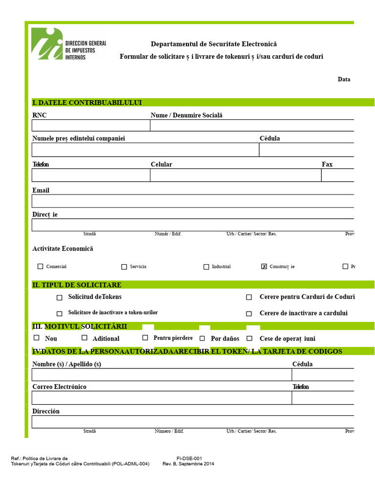 FI-DSE-001 Formular de Cerere Și Livrare A Token-Urilor Și Cardurilor ...