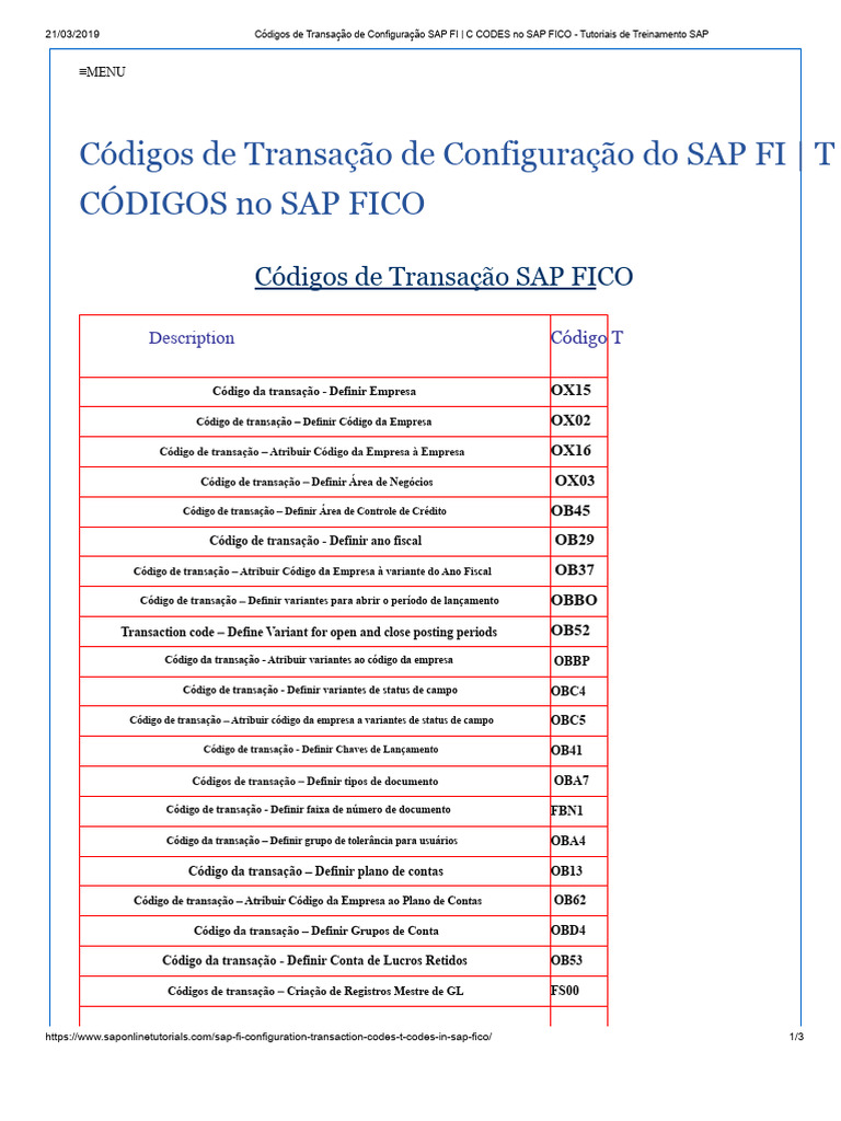 Códigos de Transação SAP FI e FICO | PDF | Transação em base de dados ...