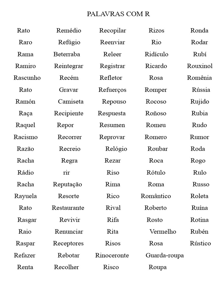 Palavras que Começam com R, S, T, M e P | PDF