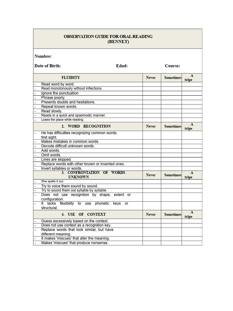 Guideline for Oral and Silent Reading Bennet | PDF | Word | Linguistics