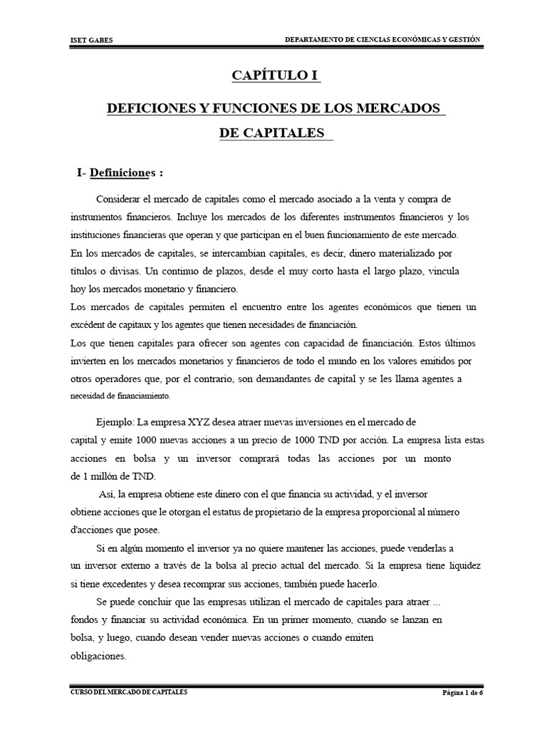 Definición y Funciones del Mercado de Capitales | PDF | Inversiones ...