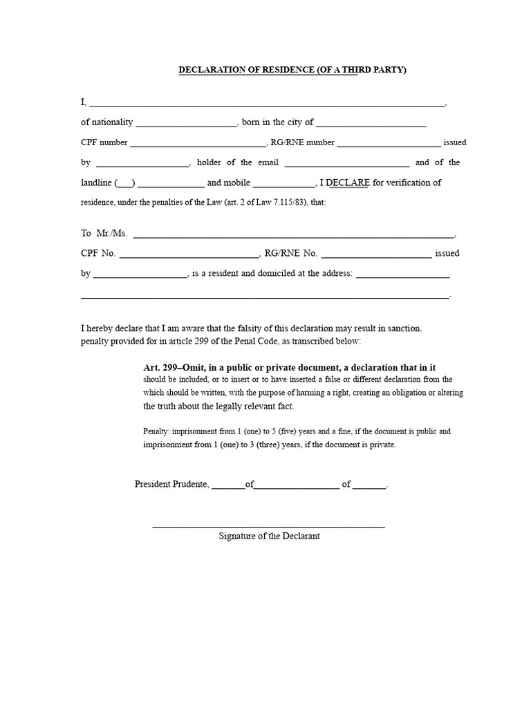 Third Party Residence Declaration Form | PDF