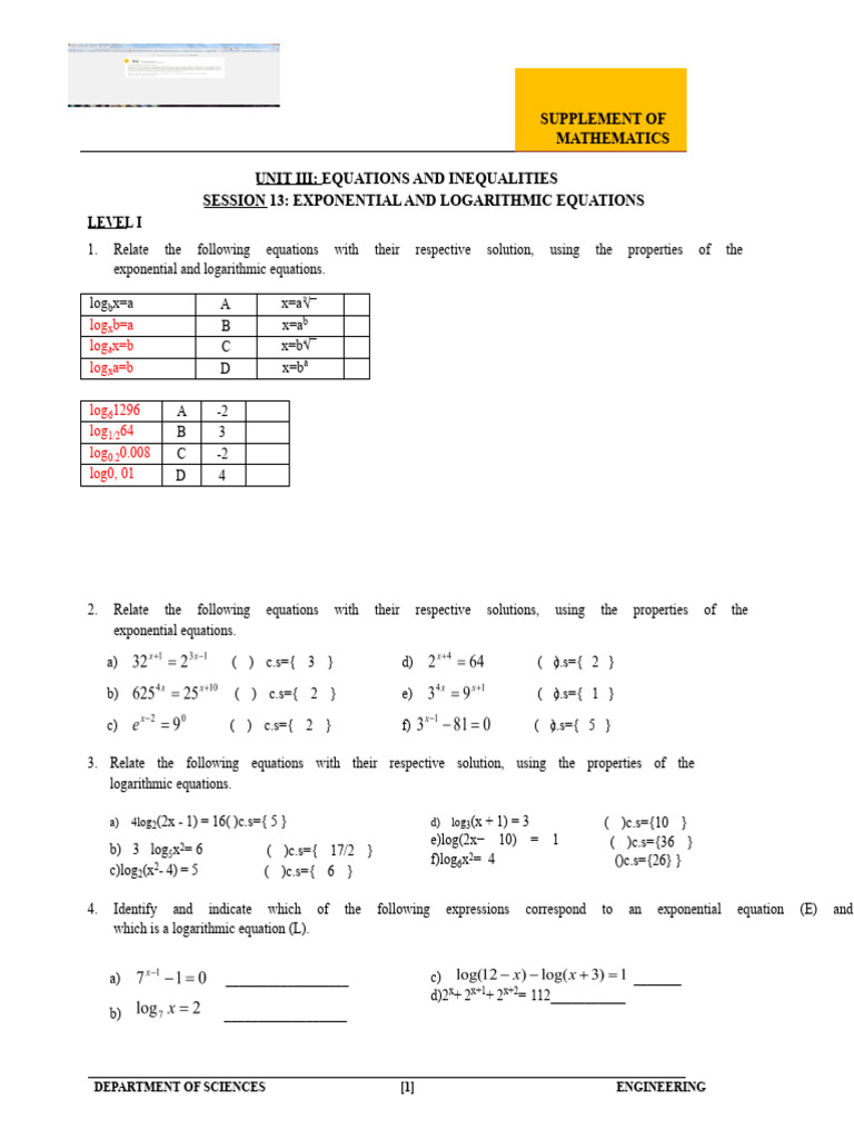 Exponential and Logarithmic Equations | PDF | Logarithm | Exponential ...