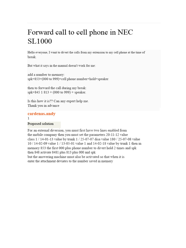 Forward Mobile Calls on NEC SL1000 | PDF