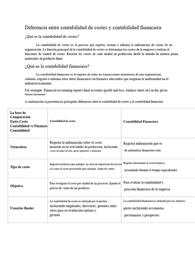 Contabilidad de Costos vs Financiera: Claves | PDF | Contabilidad ...