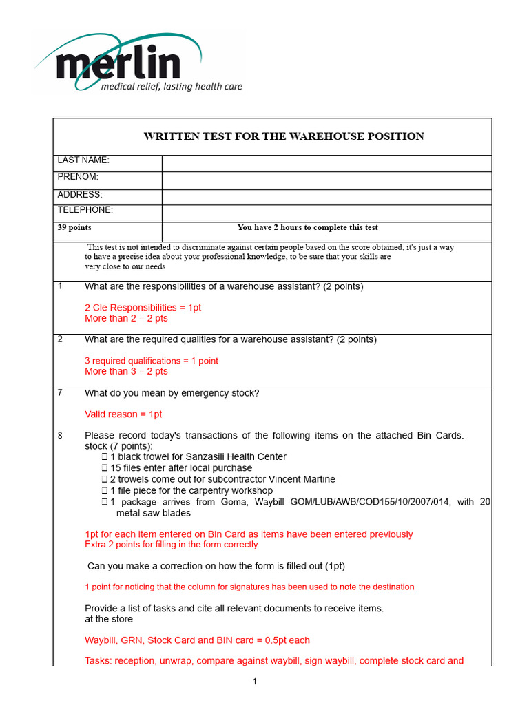 Warehouse Position Written Test Guide | PDF