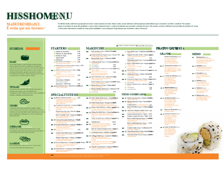 Menu de Sushi Fresco e Saudável Hissho | PDF | Sushi | Culinária