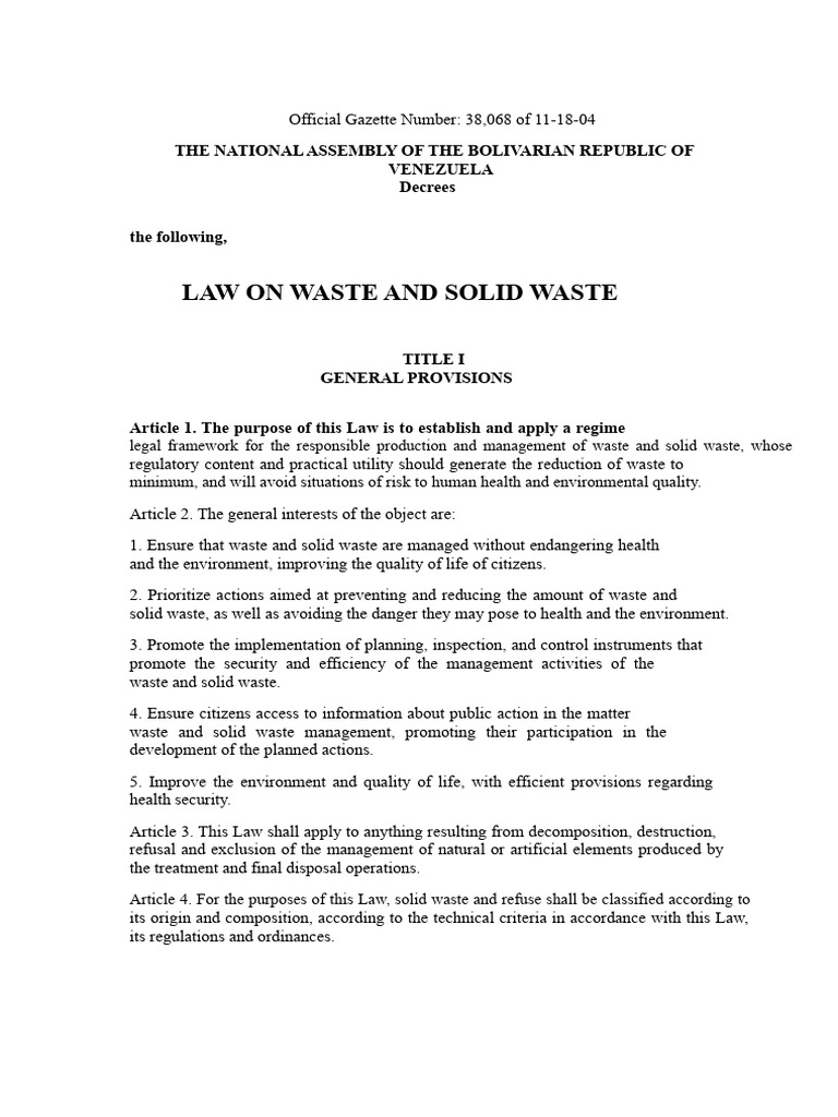 Venezuela Solid Waste Management Law | PDF | Waste Management | Waste
