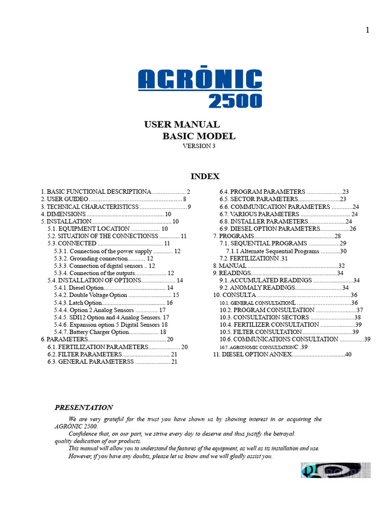 Agrónic 2500 User Manual Overview | PDF | Power Supply | Menu (Computing)
