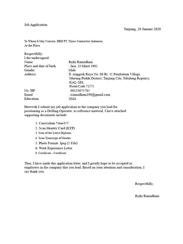 Job Application for Drilling Operator Position | PDF | Identity ...