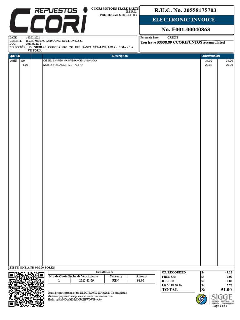 CCORI Motors Spare Parts Invoice | PDF | Invoice | Services (Economics)