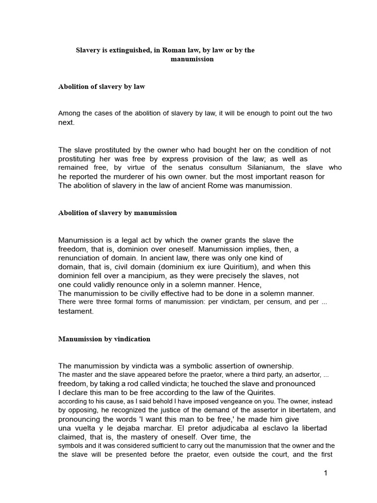 Roman Law: Manumission of Slaves | PDF | Freedman | Ancient Rome