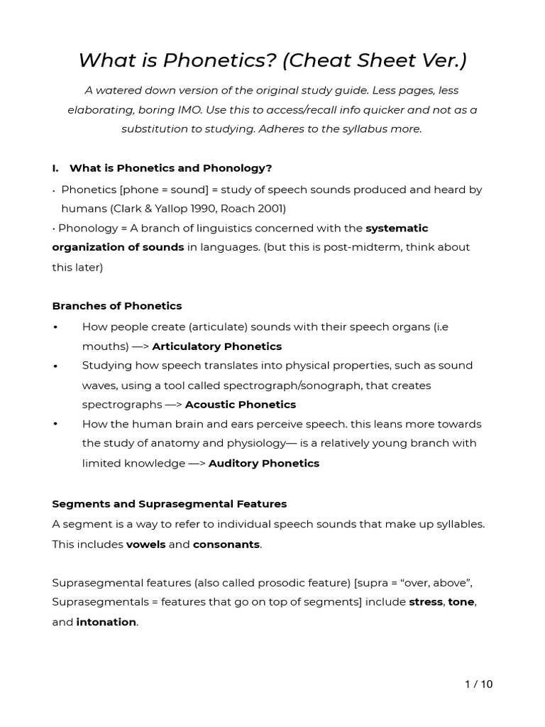 Phonetics Cheat Sheet Overview | PDF | Phonetics | Human Voice