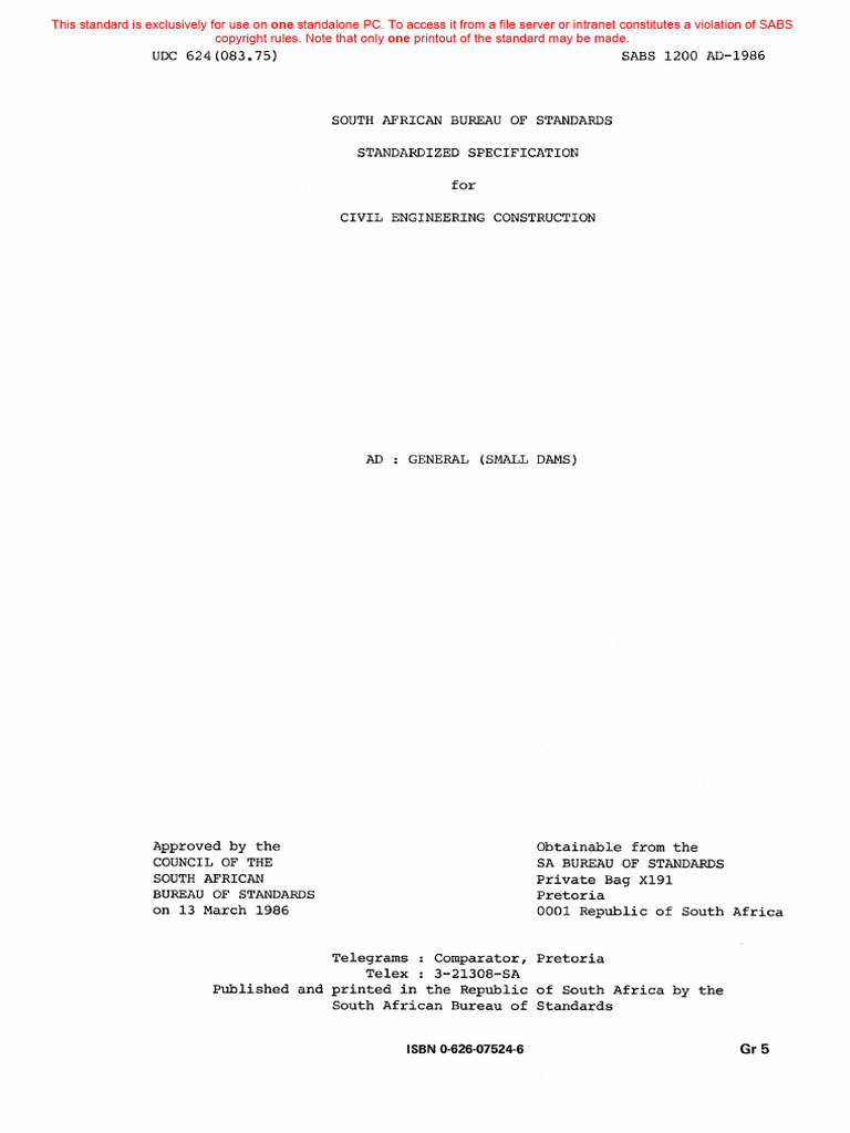 SABS 1200 AD-1986: Small Dams Standard | PDF | Specification (Technical ...