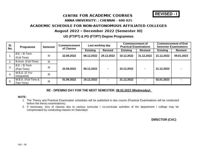 Anna University Academic Schedule 2022 | PDF