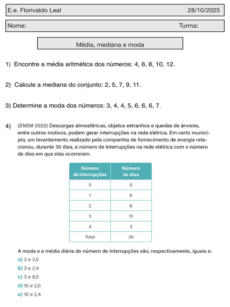 Média, Mediana e Moda: Exercícios Práticos | PDF