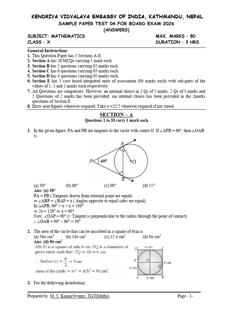 Class X Maths Sample Paper 2026 | PDF | Sphere | Polynomial